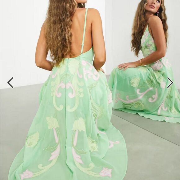 NWT ASOS DESIGN Embroidered Applique Cami Midi Dress In Pale Green w/ Pink sz 14 - Picture 5 of 8